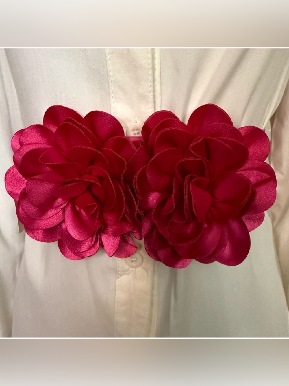 Fuchsia statement satin double flower wide elastic waistband belt